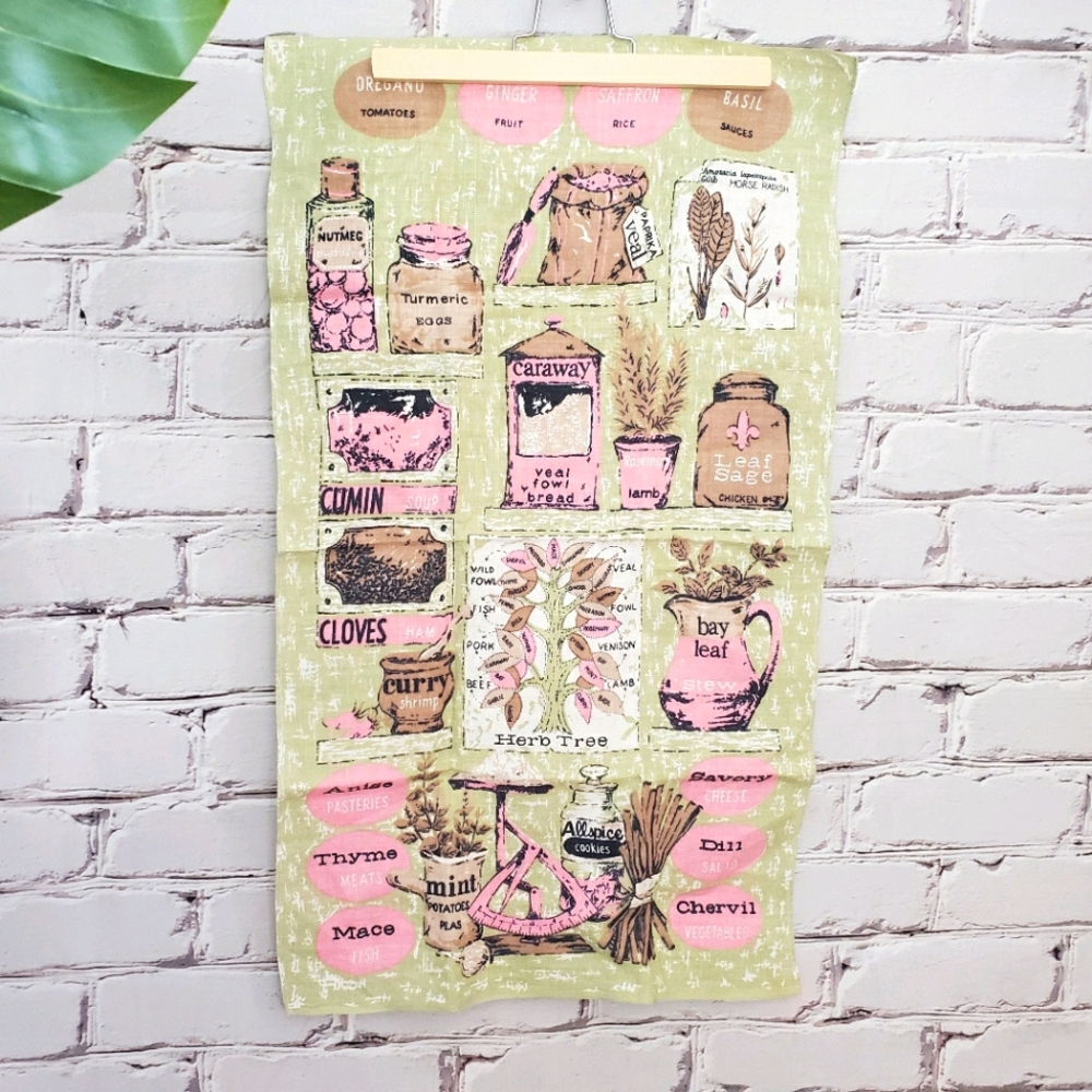 Vintage 1970s Herb Tree Tea Towel Pastel Kitsch Rustic